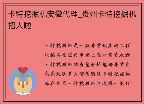 卡特挖掘机安徽代理_贵州卡特挖掘机招人啦